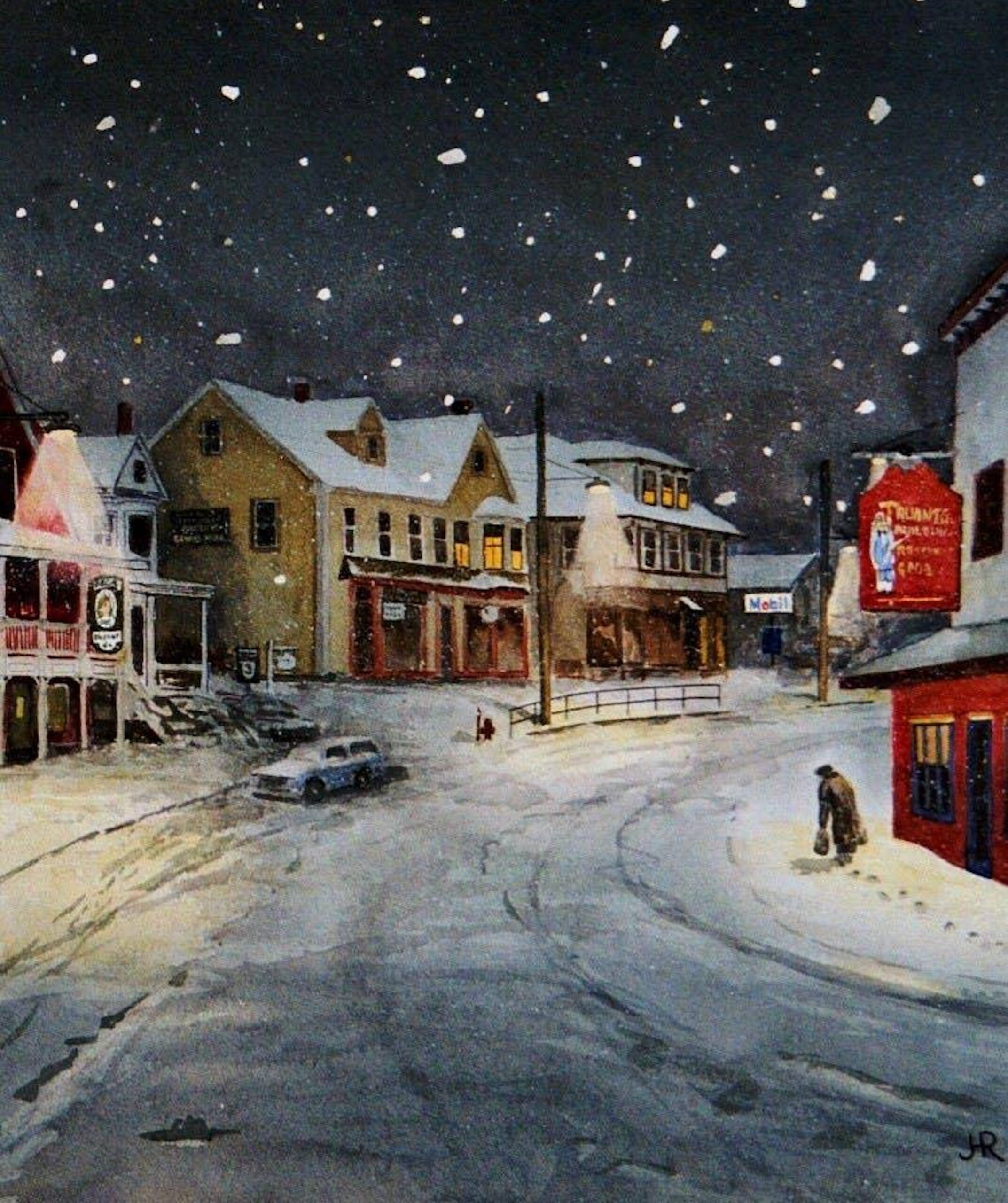 “Anna’s Quest” painting of a snowy winter night on Main Street in North Woodstock, NH, by artist Jack Richardson, showing local resident Anna Marie Molloy walking through fresh snow past historic village buildings.