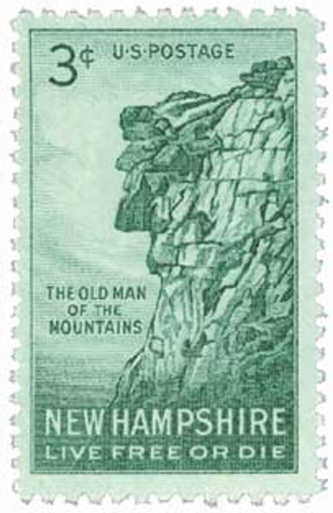 A 3-cent, green stamp issued by the U.S. Postal Service on June 21, 1955. The stamp depicts the Old Man of the Mountains, a natural granite profile in New Hampshire that resembled a man's face. It was a commemorative stamp honoring a unique natural landmark, which later collapsed in 2003.