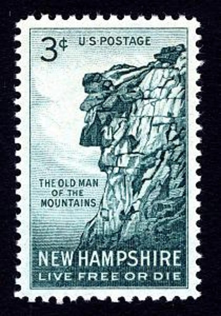 A 3-cent, blue stamp issued by the U.S. Postal Service on June 21, 1955. The stamp depicts the Old Man of the Mountains, a natural granite profile in New Hampshire that resembled a man's face. It was a commemorative stamp honoring a unique natural landmark, which later collapsed in 2003.